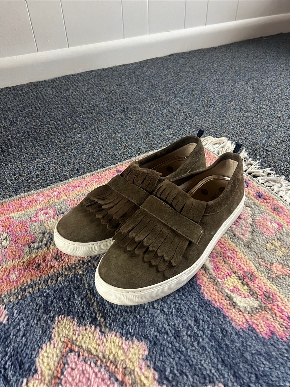 Boden Olive Suede Fringe Slip-Ons